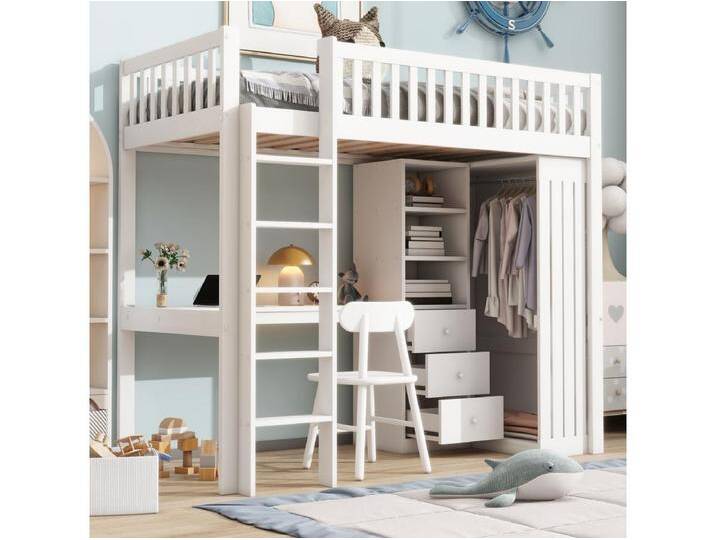 Hochbett 90 x 200 cm mit Schreibtisch, Kleiderschrank und 3 Schubladen – Kiefer + MDF – Weiß (ohne Matratze) von Kauf-Unique Marketplace