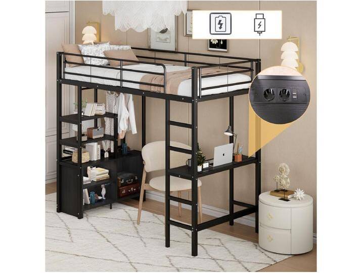 Hochbett 90 x 200 cm mit Schreibtisch, USB-Anschlüssen, offenem Stauraum – Metall + MDF – Schwarz (ohne Matratze) von Kauf-Unique Marketplace