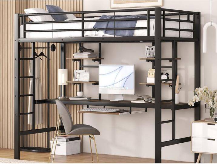 Hochbett 90 x 200 cm mit Schreibtisch und 2 Regalen für Kinder – Metall und Holz – Schwarz + Eiche von Kauf-Unique Marketplace