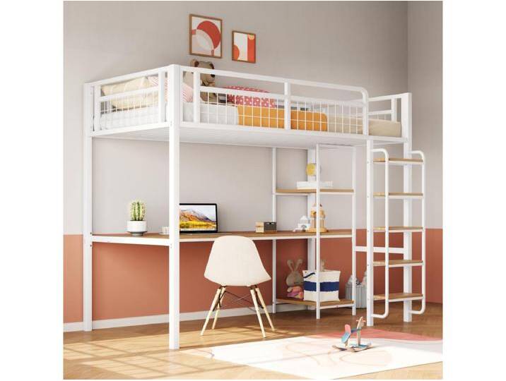 Hochbett 90 x 200 cm mit Schreibtisch und Ablageflächen - Metall und MDF - für Kinder - Weiß von Kauf-Unique Marketplace