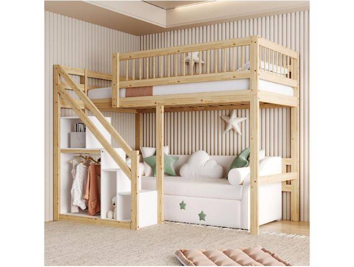 Hochbett 90 x 200 cm mit Stauraum – Massivholz + MDF – Natur und Weiß (ohne Matratze) von Kauf-Unique Marketplace