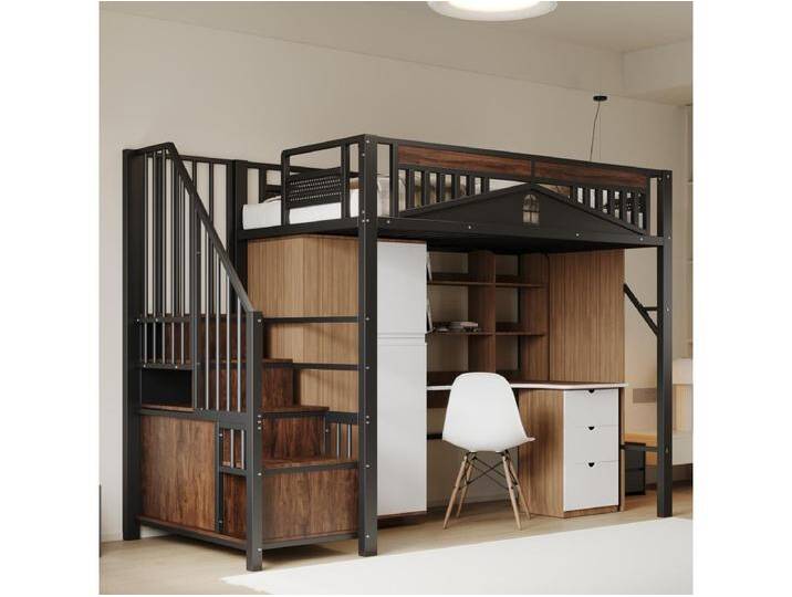 Hochbett 90 x 200 cm mit Stauraum - Metall + Sperrholz + MDF - Lattenrost - Schwarz von Kauf-Unique Marketplace