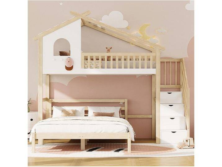 Hochbett 90x200 cm, Sprossen, Leiter mit Stauraum, Fenster, Hausstruktur, unteres Bett 140x200 cm weiß/natur Hochbett 90x200 cm, Sprossen, Leiter mit Stauraum, Fenster, Hausstruktur, unteres Bett 140x200 cm weiß/natur von Kauf-Unique Marketplace