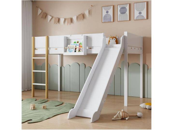 Hochbett 90x200 cm - Abnehmbares Regal - Etagenbett mit Rutsche und Treppe - Massivholz Kiefer und MDF - Weiß von Kauf-Unique Marketplace
