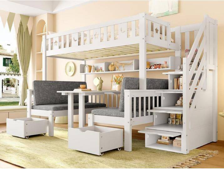 Hochbett 90×200 cm - Bett und Schreibtisch 2 in 1 - Aufstieg mit Stauraum - Mit Schutzgeländer - Weiß (Matratze nicht inbegriffen) von Kauf-Unique Marketplace