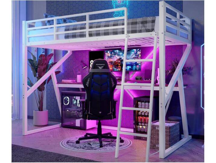 Hochbett 90x200 cm - Stahlkonstruktion - mit LED-Beleuchtung - mit Rampe + Leiter - mit Schreibtisch - weiß von Kauf-Unique Marketplace