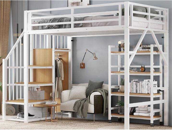Hochbett 90x200 cm - mit Ablageregal und Rollen - mit Kleiderstange und Leiter - Metall + MDF - Weiß + Natur Hochbett 90x200 cm - mit Ablageregal und Rollen - mit Kleiderstange und Leiter - Metall + MDF - Weiß + Natur von Kauf-Unique Marketplace