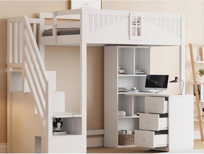 Hochbett 90×200 cm - mit Aufbewahrungsschrank - mit Schreibtisch + 3 Schubladen - mit Sicherheitsgriff - weiß (ohne Matratze) von Kauf-Unique Marketplace