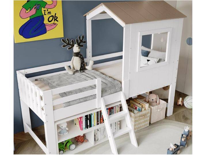 Hochbett 90×200 cm - mit Dach und Schutzgitter - 2-stufige Leiter - Massivholz + MDF - weiß + natur von Kauf-Unique Marketplace