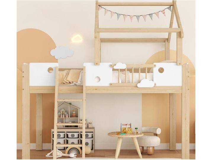 Hochbett 90×200 cm - mit Häuschen-Design und Schutzgitter - 3-stufige Leiter - Massivholz + MDF - natur von Kauf-Unique Marketplace