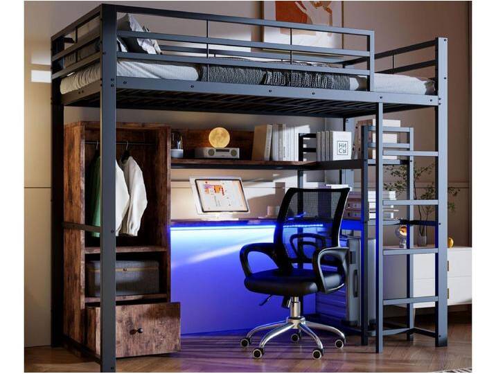Hochbett 90x200 cm - mit LED-Beleuchtung - mit Schreibtisch - mit 1 Schublade - mit Leiter - schwarz von Kauf-Unique Marketplace