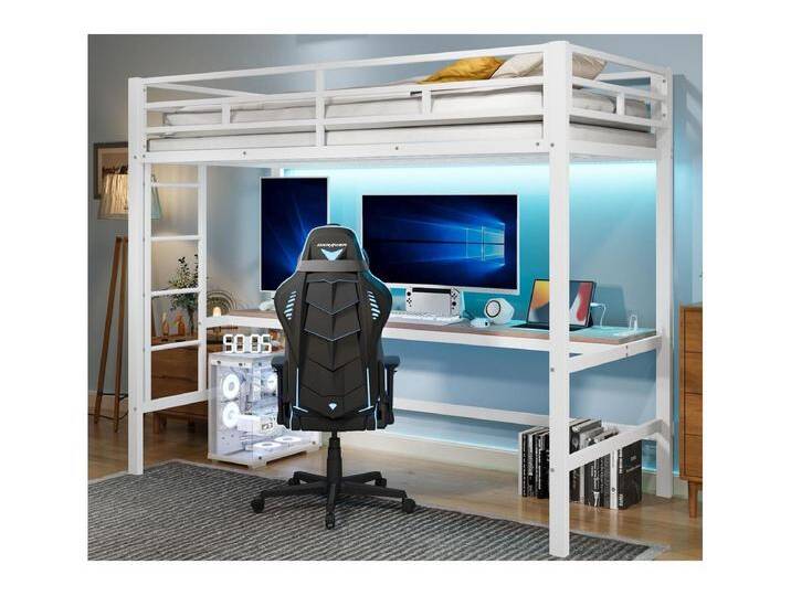 Hochbett 90x200 cm - mit Rausfallschutz - mit Leiter - Tisch mit USB und Steckdosen - verkabelte Lichtleiste - Metall - weiß (ohne Matratze) von Kauf-Unique Marketplace