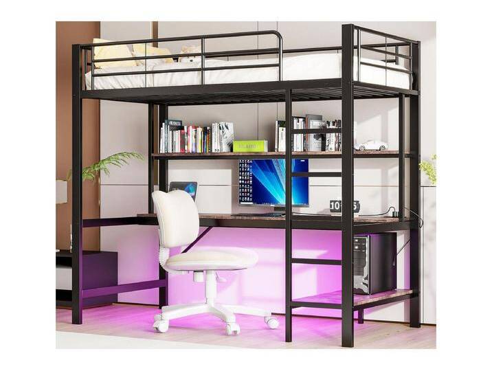 Hochbett 90x200 cm - mit Rausfallschutz - mit Leiter - mit USB und Steckdosen - mit LED-Licht - mit Schreibtisch + mehrstöckigen Regalen - schwarz (ohne Matratze) von Kauf-Unique Marketplace