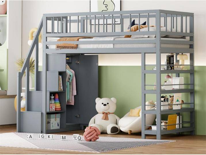 Hochbett 90x200 cm – mit Regalen und Aufbewahrungsleiter – Massivholz – Grau von Kauf-Unique Marketplace