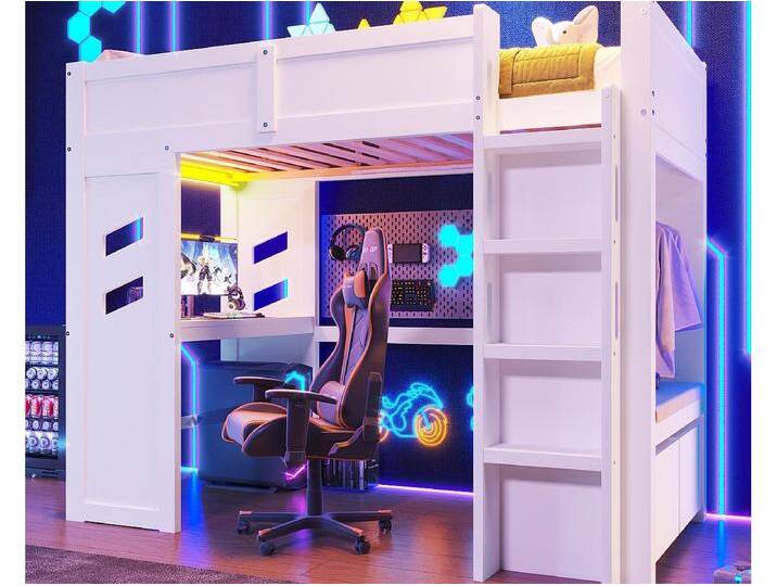 Hochbett 90x200 cm - mit Schreibtisch - mit LED-Beleuchtung - mit 1 USB-Anschluss - mit Leiter + Schublade + Wäscheständer - Weiß Hochbett 90x200 cm - mit Schreibtisch - mit LED-Beleuchtung - mit 1 USB-Anschluss - mit Leiter + Schublade + Wäscheständer - Weiß von Kauf-Unique Marketplace