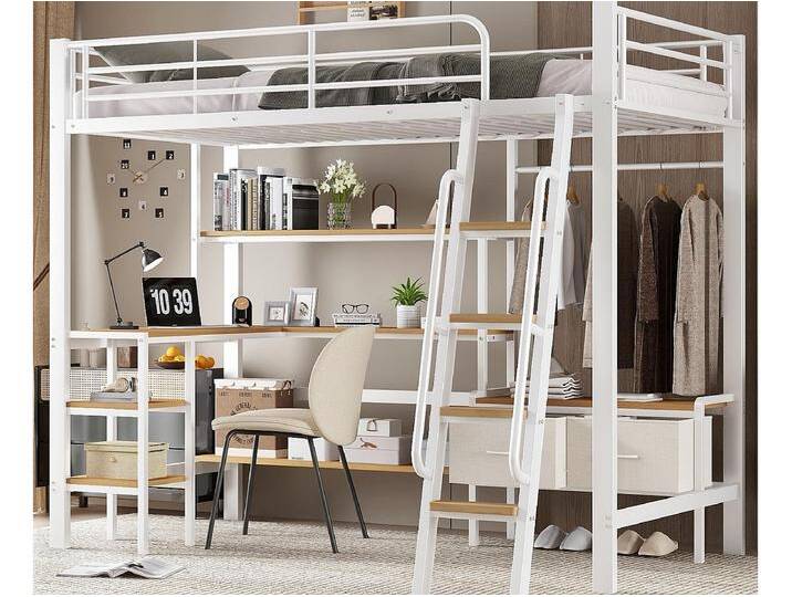 Hochbett 90x200 cm - mit Schreibtisch und Ablageregal - mit Kleiderstange und 2 Aufbewahrungsboxen - Metall + MDF - Weiß + Natur von Kauf-Unique Marketplace