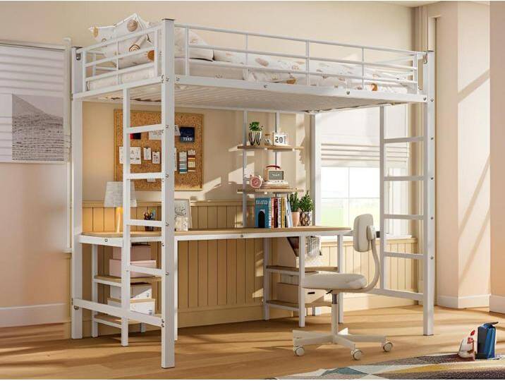 Hochbett 90x200 cm – mit Schreibtisch und Regalen – Eisenrahmen – Weiß Hochbett 90x200 cm – mit Schreibtisch und Regalen – Eisenrahmen – Weiß von Kauf-Unique Marketplace