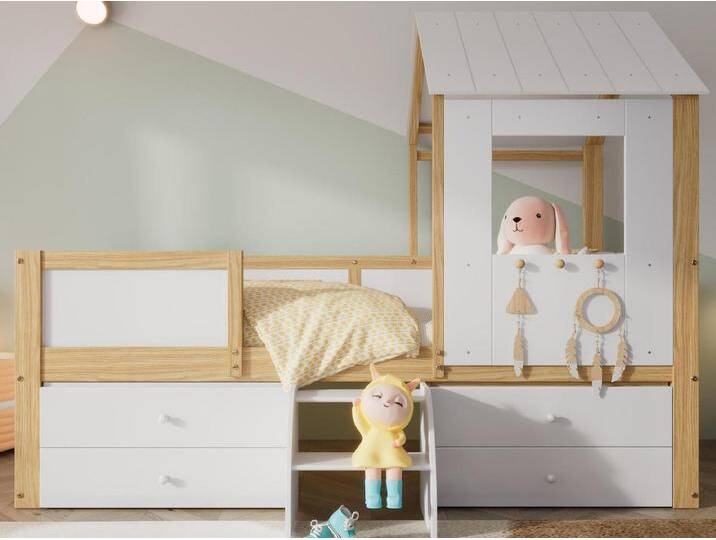 Hochbett 90x200 cm mit Sicherheitsbarriere – mit 4 Schubladen und Treppe – aus Kiefernholz und MDF – Weiß und Natur von Kauf-Unique Marketplace