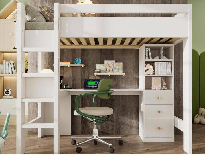 Hochbett 90x200 cm - mit USB und Type-C - mit L-förmigem Schreibtisch, Regalen und Schubladen - mit Sicherheitsgittern - weiß (ohne Matratze) von Kauf-Unique Marketplace