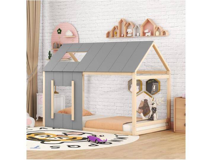 Hochbett 90x200cm - Kinderbett in Hausform, Einzelbett mit Dach und Fenster - Natur + Grau von Kauf-Unique Marketplace