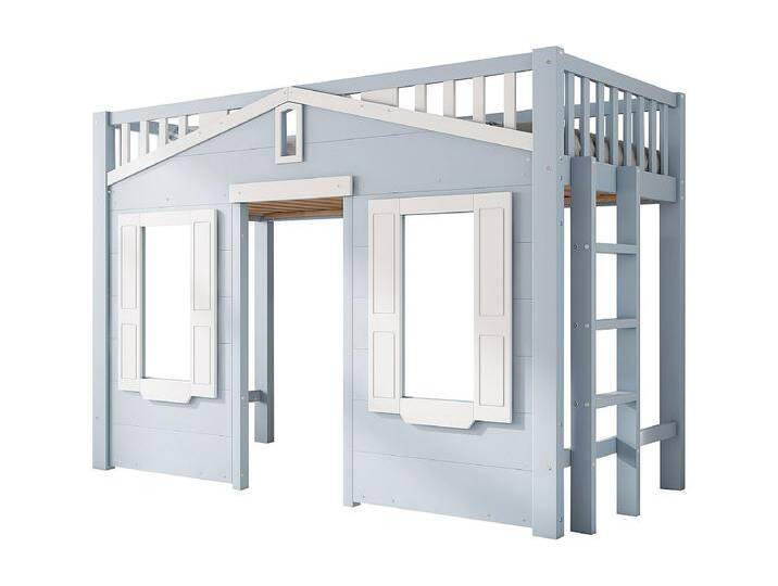 Hochbett 90x200cm - mit Leiter - Elegantes Fensterdesign - Massivholz + MDF - Blau (ohne Matratze) von Kauf-Unique Marketplace