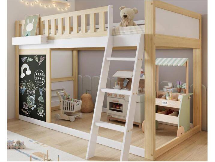 Hochbett 90x200cm - mit Leiter und Schreibtafel - mit Sicherheitsgeländer - Massivholz + MDF - Weiß + Natur (ohne Matratze) von Kauf-Unique Marketplace