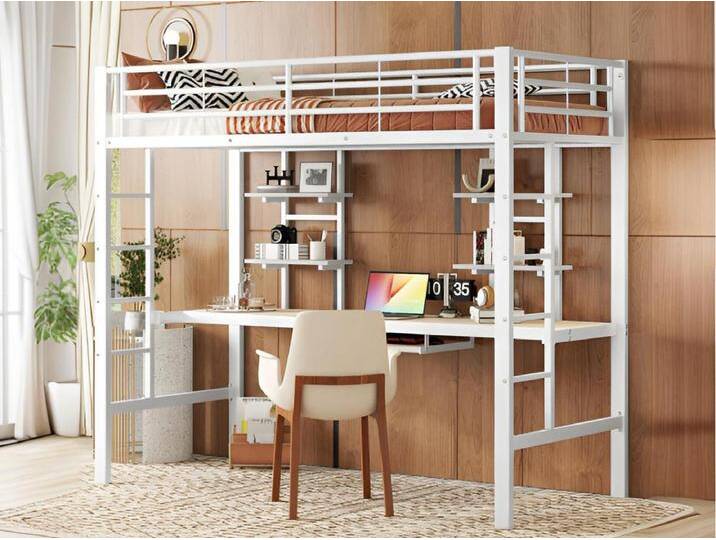 Hochbett 90x200cm – mit Schreibtisch und Regalen – Metallrahmen – Weiß von Kauf-Unique Marketplace