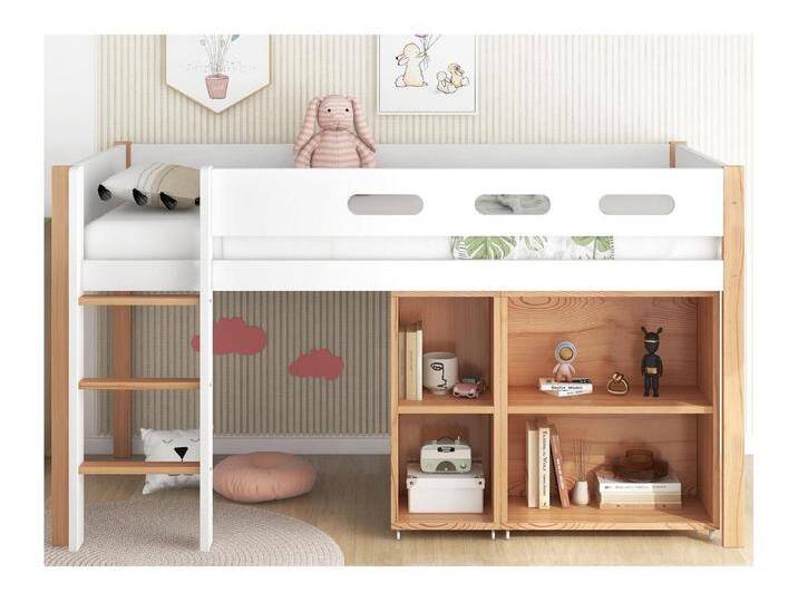 Hochbett 90x200cm – mit Treppe, abnehmbarem Schrank und Sicherheitsbarrieren – Bettgestell aus Massivholz – Weiß & Natur Hochbett 90x200cm – mit Treppe, abnehmbarem Schrank und Sicherheitsbarrieren – Bettgestell aus Massivholz – Weiß & Natur von Kauf-Unique Marketplace