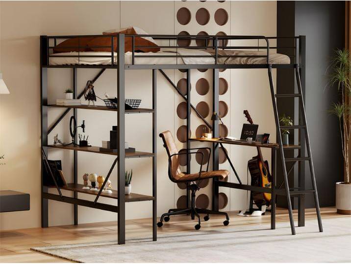 Hochbett aus Eisen – 90 x 200 cm – mit Schreibtisch und 3 Regalen – Schwarz von Kauf-Unique Marketplace
