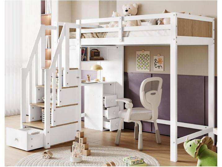Hochbett aus Holz – 90 x 200 cm – mit Schreibtisch, Regalen und Stauraumtreppe – Weiß von Kauf-Unique Marketplace