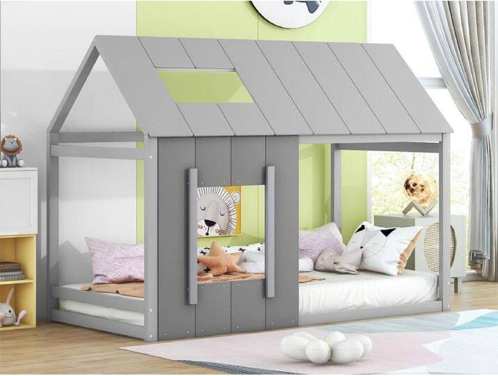 Hochbett aus Kiefernholz 90x200cm – Kinderbett mit Dach und Fenster und Lattenrost – Grau von Kauf-Unique Marketplace