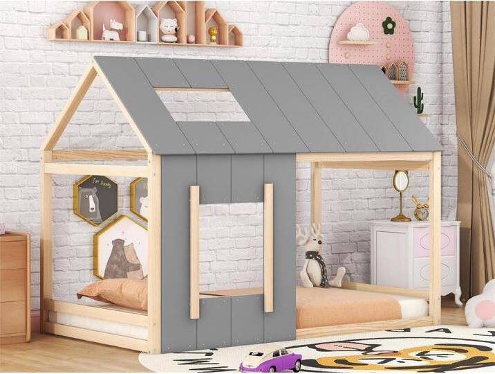 Hochbett aus Kiefernholz 90x200cm – Kinderbett mit Dach und Fenster und Lattenrost – Natur von Kauf-Unique Marketplace
