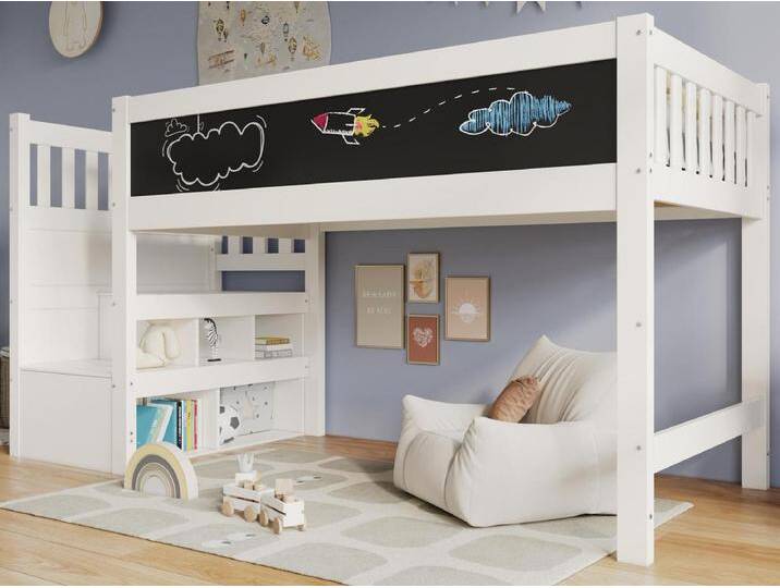 Hochbett aus massivem Kiefernholz – 90 x 200 cm – mit Tafel – Weiß Hochbett aus massivem Kiefernholz – 90 x 200 cm – mit Tafel – Weiß von Kauf-Unique Marketplace