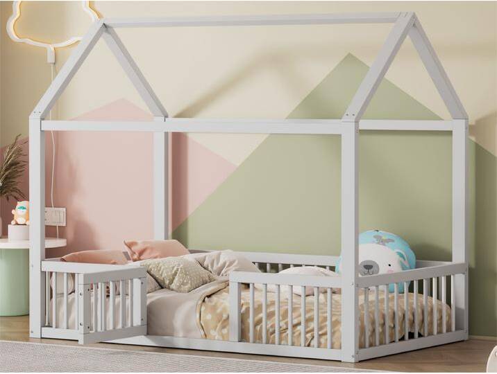 Hochbett für Kind oder Baby – 90 x 200 cm – Gitter und Tür – inklusive Lattenrost – weißes Holz von Kauf-Unique Marketplace