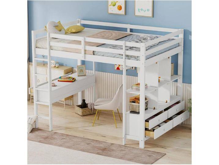Hochbett für Kinder 140 x 200 cm - Schreibtisch und Schubladen - Kiefer - weiß von Kauf-Unique Marketplace