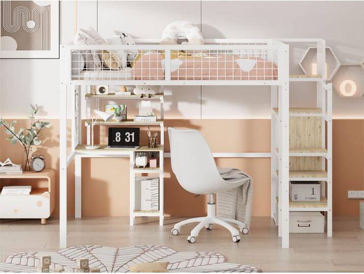 Hochbett für Kinder 140 x 200 cm mit Eisengestell – mit Aufbewahrungsleiter, Kleiderschrank und Schreibtisch – Weiß von Kauf-Unique Marketplace