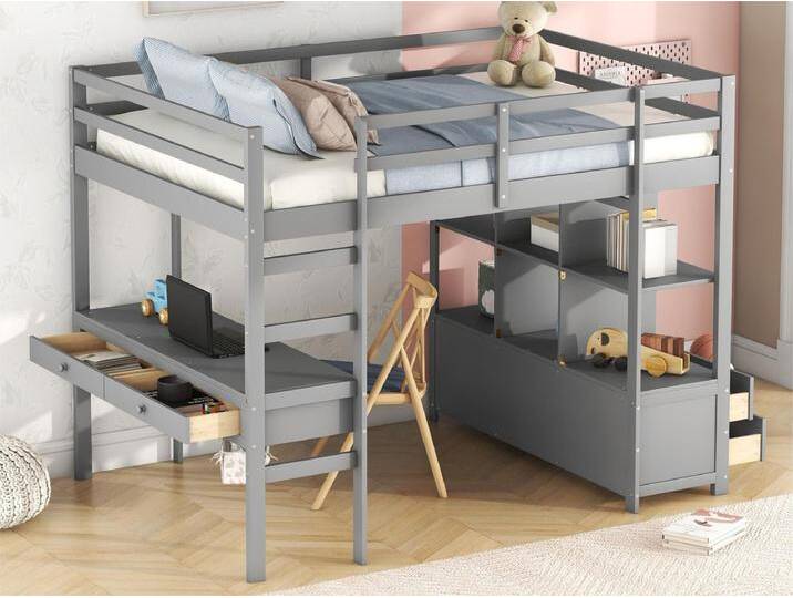 Hochbett für Kinder 140 x 200 cm mit Schubladen und Schreibtisch – Kiefernholz – Lattenrost – Grau von Kauf-Unique Marketplace