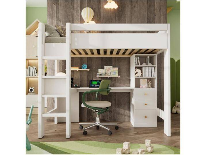 Hochbett für Kinder 90 × 200 cm, mit L-förmigem Schreibtisch, Regal und Schubladen, USB-/Typ-C-Ladezone, mit Leiter und Holzlatten, weiß von Kauf-Unique Marketplace