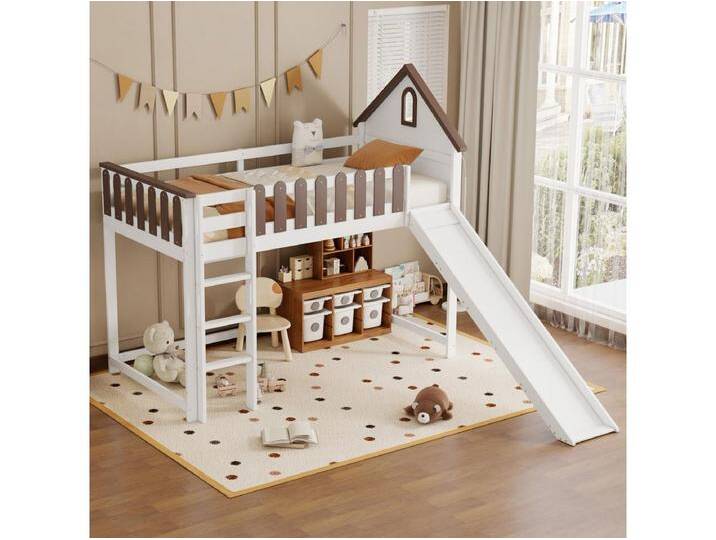 Hochbett für Kinder 90x200 cm mit Rutsche und Leiter, Weiß und Nussbaum - ohne Matratze von Kauf-Unique Marketplace