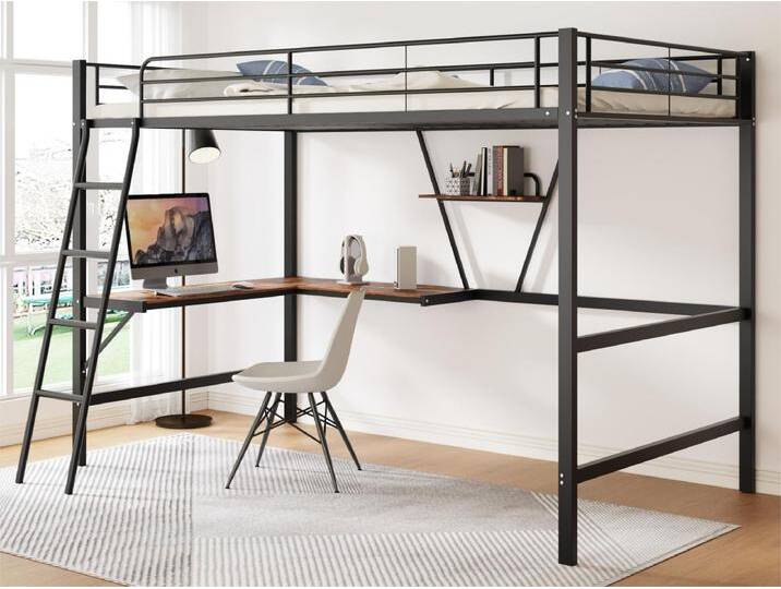 Hochbett mit L-förmigem Schreibtisch und Regal für Kinder – 90 x 200 cm – MDF-Holz und Metall – Schwarz von Kauf-Unique Marketplace