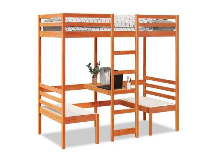 Hochbett mit Schreibtisch & Stühlen Braun 90x190 cm Kiefernholz von Kauf-Unique Marketplace