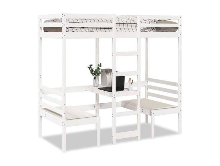 Hochbett mit Schreibtisch & Stühlen Weiß 75x190 cm Kiefernholz von Kauf-Unique Marketplace