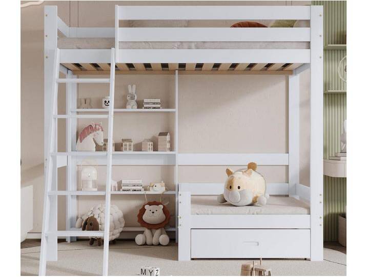 Hochbett mit Sofa + Regal + Leiter – Gestell aus Kiefernholz – 90 x 200 cm – weiß von Kauf-Unique Marketplace