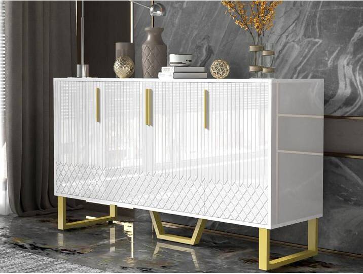Hochglanz-Buffet 140x40x80 cm - mit 4 Türen - Metallgriffe und -füße - weiß von Kauf-Unique Marketplace