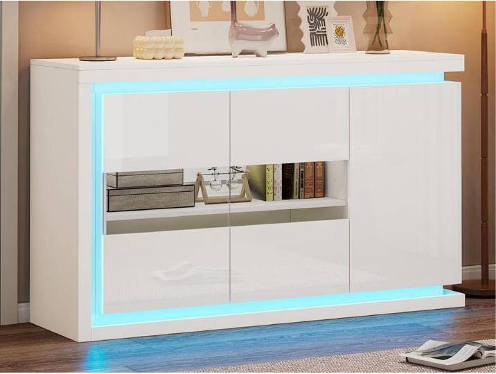 Hochglanz-Sideboard 140×40×84 cm - 3 Türen - mit LED-Beleuchtung - mit Sicherheitsglas - Spanplatte - weiß Hochglanz-Sideboard 140×40×84 cm - 3 Türen - mit LED-Beleuchtung - mit Sicherheitsglas - Spanplatte - weiß von Kauf-Unique Marketplace