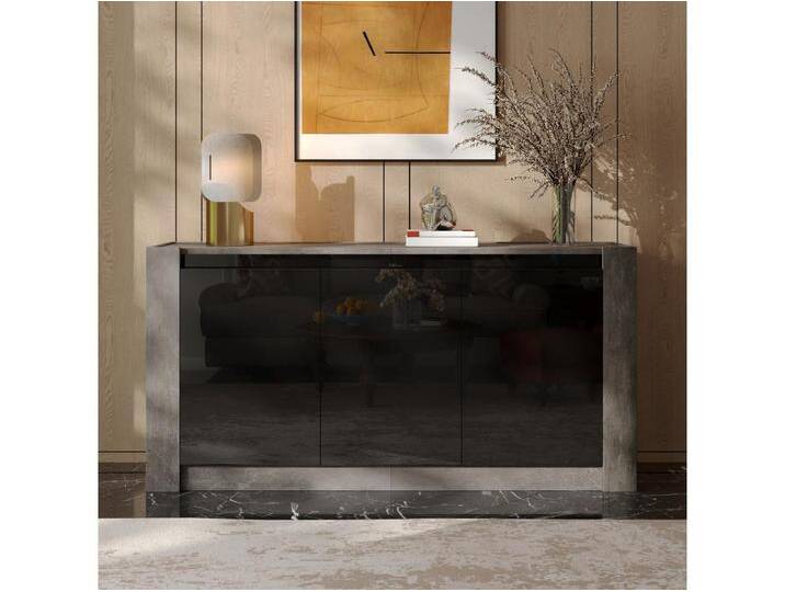 Hochglanzschwarzes Sideboard mit LED-Beleuchtung, 3 grifflosen Türen und verstellbaren Einlegeböden, modernes Design in Betongrau von Kauf-Unique Marketplace