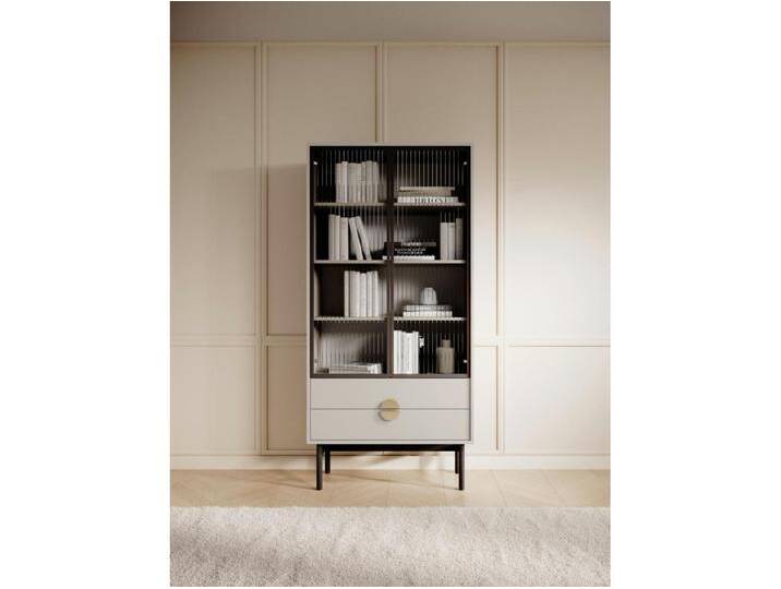 Hoher Vitrine - 85 cm - mit vier Regalen und Schubladen - Taupe (Graubeige) - STOON von Kauf-Unique Marketplace