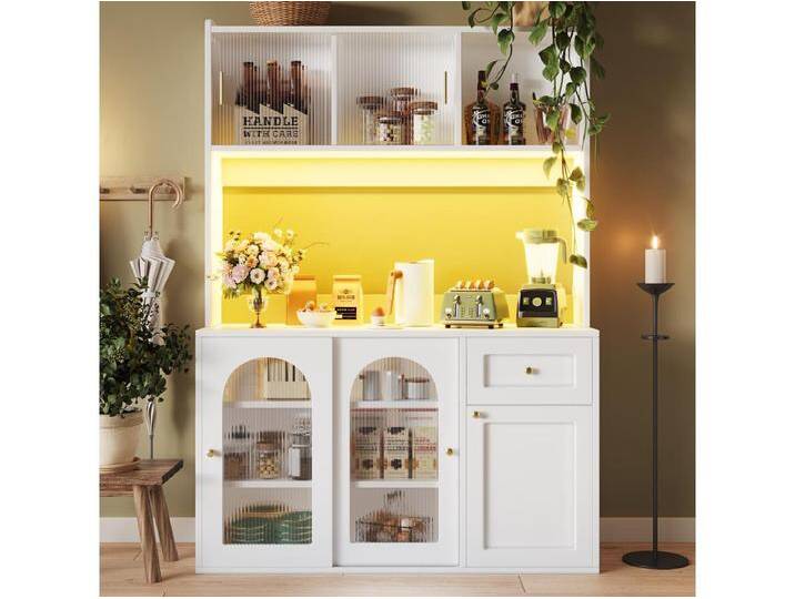 Hohes Küchen-Sideboard - 120 x 35 x 167 cm - mit verstellbaren Einlegeböden + 3 Türen + 1 Schublade + LEDs - MDF + PB - weiß Hohes Küchen-Sideboard - 120 x 35 x 167 cm - mit verstellbaren Einlegeböden + 3 Türen + 1 Schublade + LEDs - MDF + PB - weiß von Kauf-Unique Marketplace