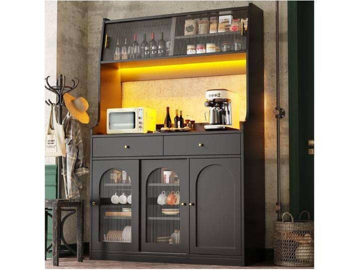 Hohes Küchen-Sideboard - 120 x 40 x 180 cm - mit verstellbaren Böden + 2 Schubladen + 3 Türen + LEDs - MDF + PB - schwarz Hohes Küchen-Sideboard - 120 x 40 x 180 cm - mit verstellbaren Böden + 2 Schubladen + 3 Türen + LEDs - MDF + PB - schwarz von Kauf-Unique Marketplace