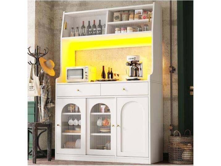 Hohes Küchen-Sideboard - 120 x 40 x 180 cm - mit verstellbaren Böden + 2 Schubladen + 3 Türen + LEDs - MDF + PB - weiß von Kauf-Unique Marketplace